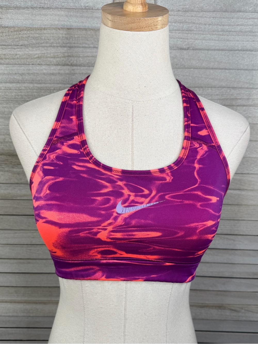 NIKE Dri Fit Indy Sports Bra Pink & Purple Marbled Tie Dye/Silver Swoosh-S/P